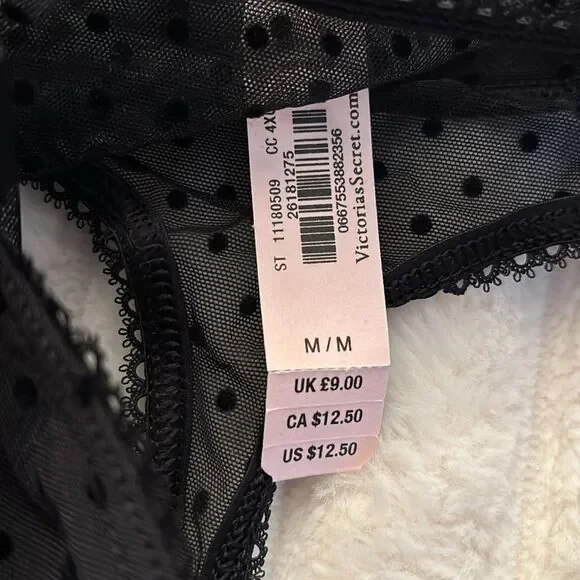 NWT Victoria’s Secret Mesh Sheer Polka Dot Black Logo Thong- Size Medium - Picture 3 of 4